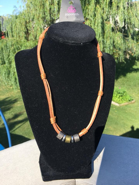 Tan Corded Necklace With Metal Accents